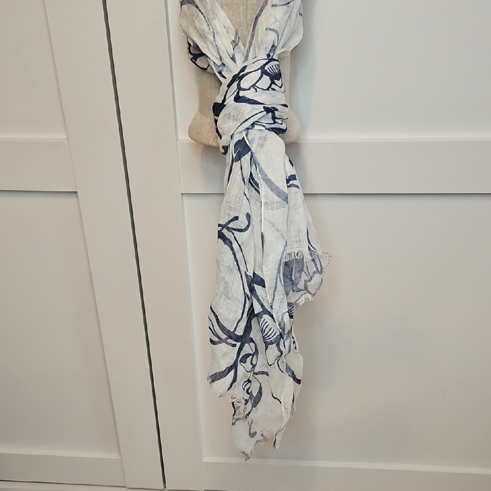 White and Blue Floral Scarf
